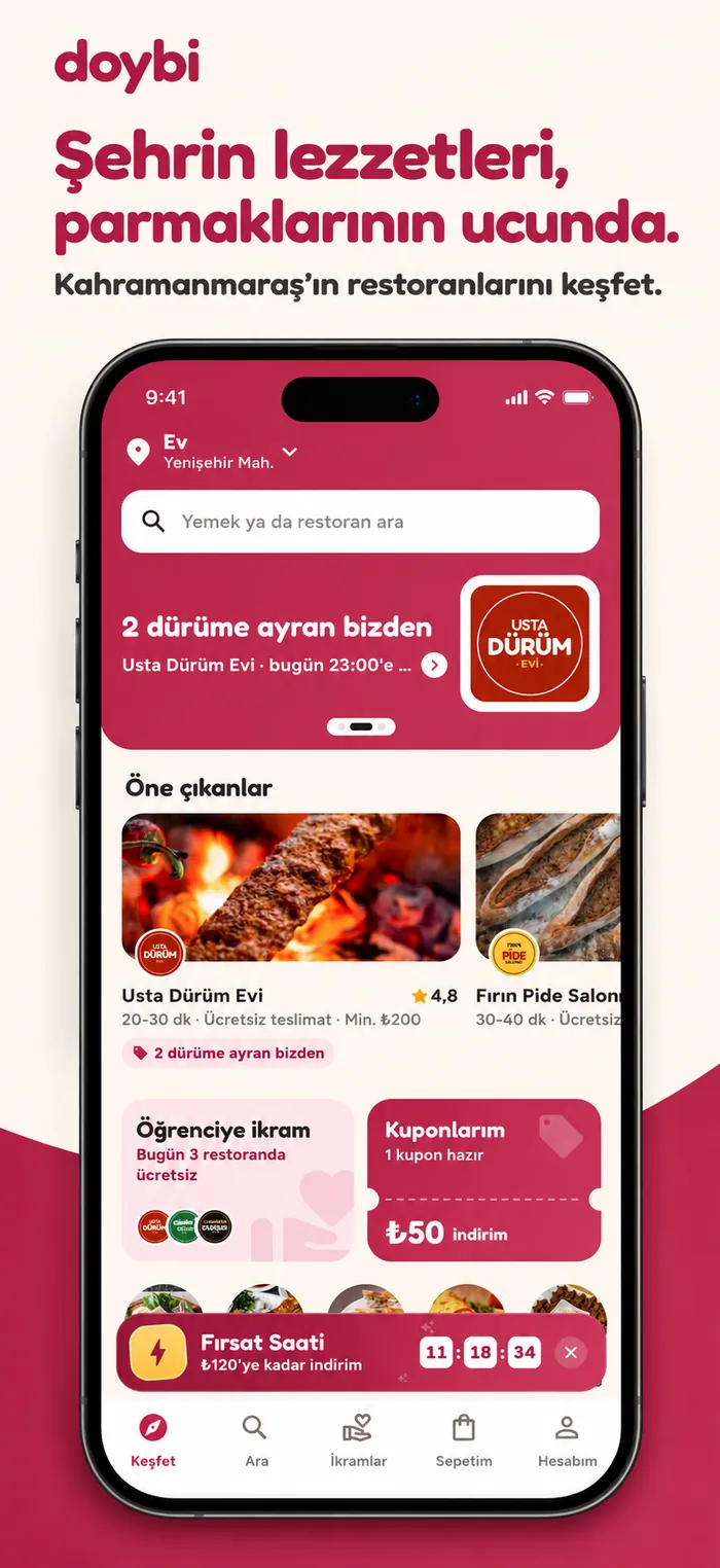 Keşfet ekranı: kampanyalar, öne çıkan restoranlar, öğrenciye ikram ve kuponlar